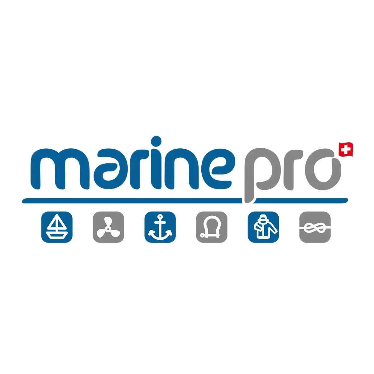Logo de Marine Pro avec icônes nautiques et drapeau suisse